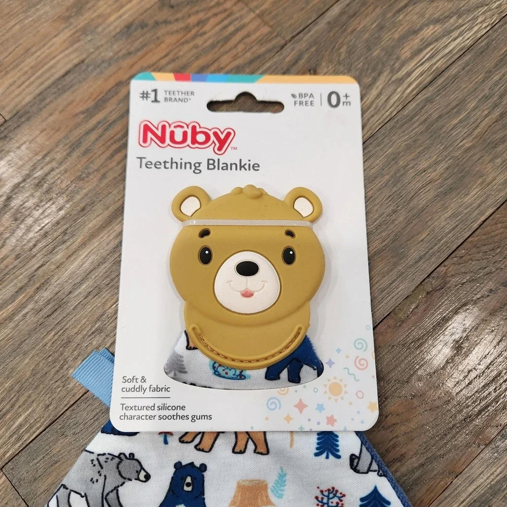 Nuby Teething Blankie Silicone Teddy Bear Woodland Lovey Security Blue Blanket‎